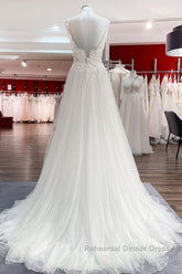 Classy Long A-line Tulle V Neck Sleeveless Lace Wedding Dresses
